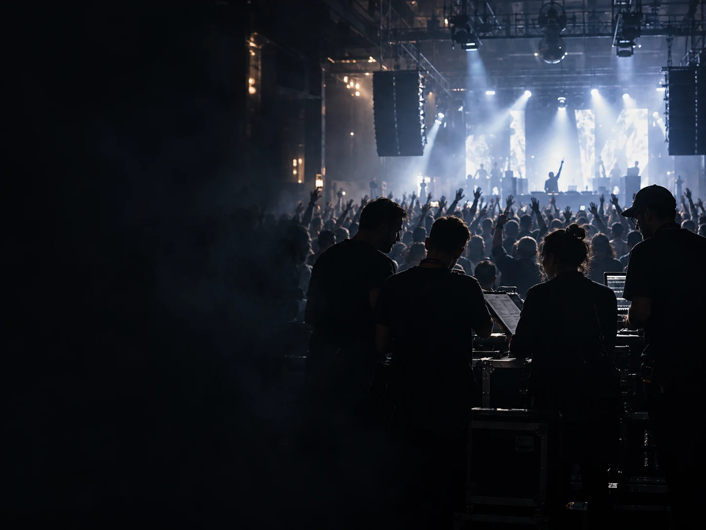 Event production crew overlooking a live show
