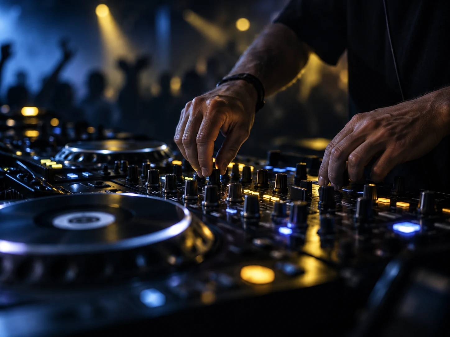 DJ hands on a professional mixer