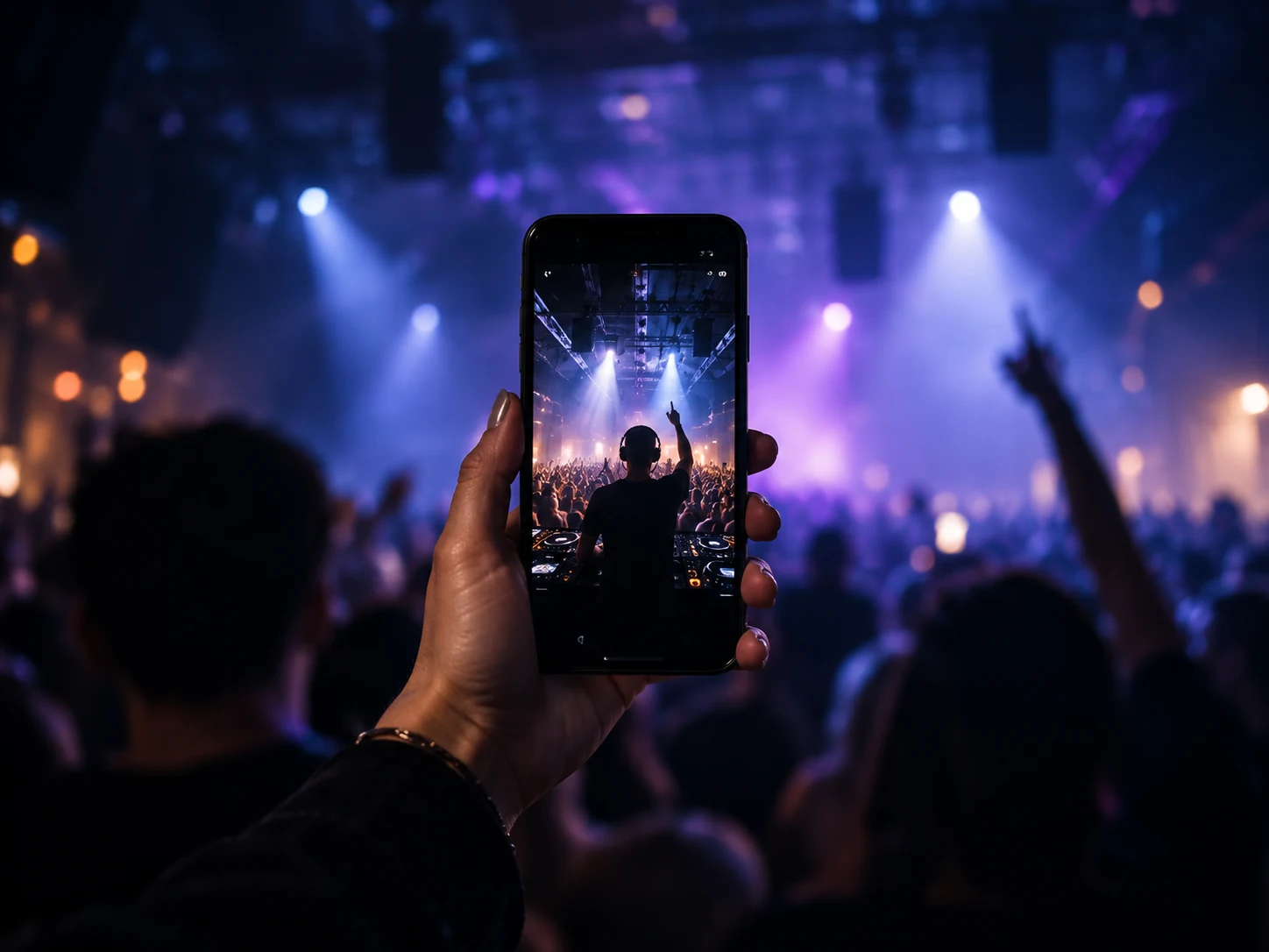 Phone recording a DJ set in a club